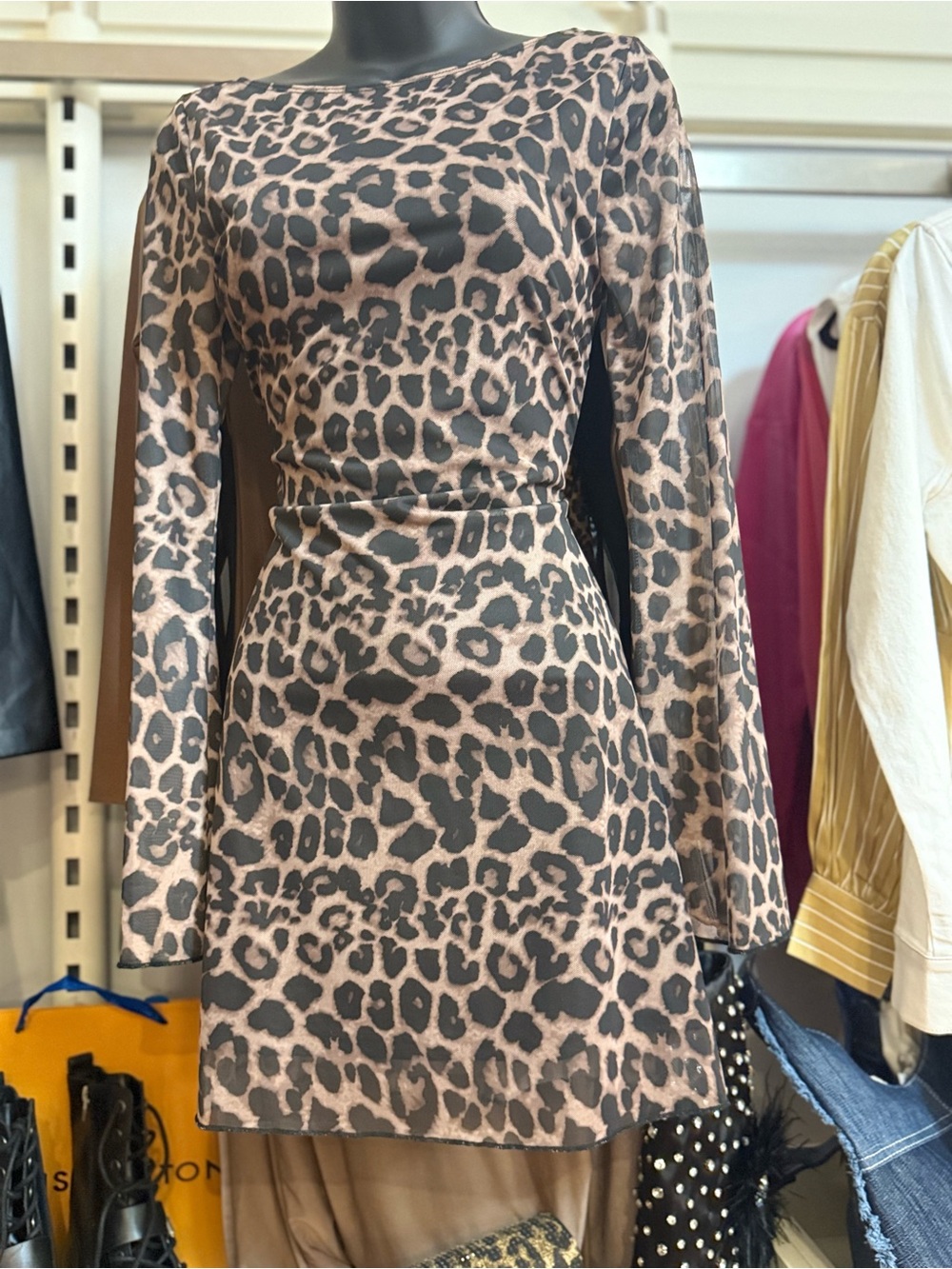 Leopard Print Long Sleeve Mini Dress in Taupe & Black